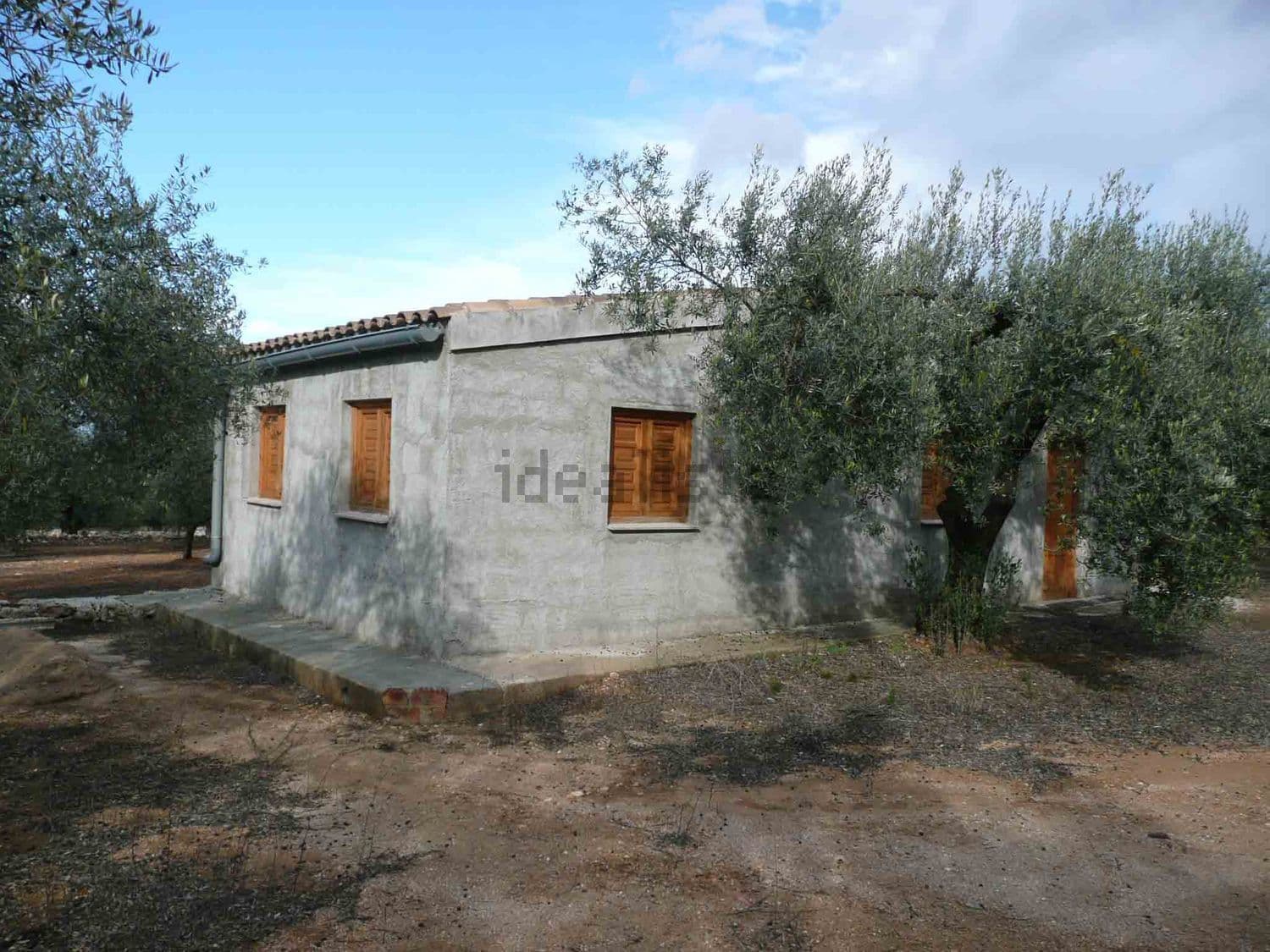 Casa de campo de bloques con contraventanas de madera entre olivos