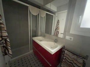 Baño con ducha y mueble de doble lavabo
