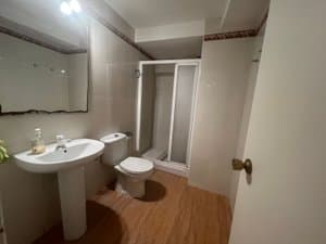 Baño con ducha, lavabo de pie e inodoro
