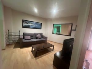 Salón con sofá, mesa baja y zapatero