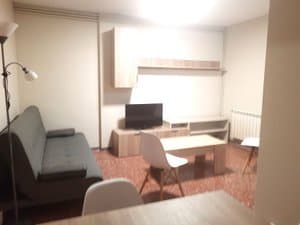 Salón con sofá gris y televisor