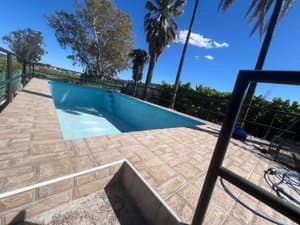 Piscina con barandilla y palmeras