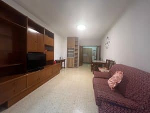 Salón comedor alargado con mueble de pared y sofá