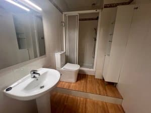 Baño con lavabo de pie, inodoro y ducha