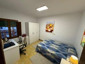 Dormitorio con cama, escritorio y armario blanco