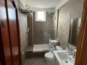 Baño con ducha de obra, lavabo e inodoro