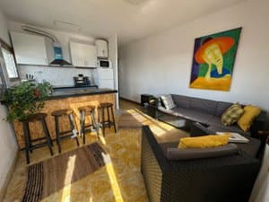 Salón con cocina americana, barra y sofá