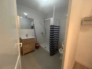 Baño con ducha y mueble de lavabo