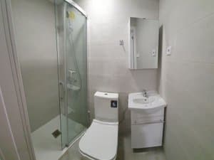 Baño con ducha de mampara, inodoro y lavabo