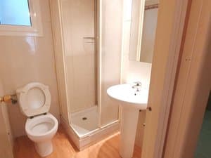 Baño con ducha, lavabo de pie e inodoro