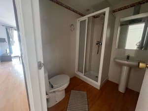 Baño con ducha, inodoro y lavabo de pie