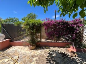 Patio con buganvilla y suelo de piedra