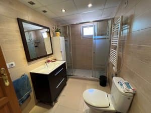 Baño con ducha, mueble de lavabo e inodoro