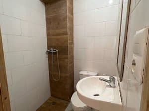 Baño con ducha y pared de madera