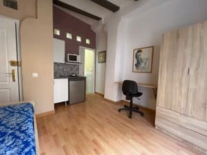 Estudio con armario, escritorio y cocina al fondo