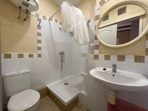 Baño con ducha, inodoro y lavabo