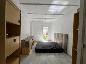 Estudio alargado con cama y ventana al fondo