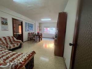 Salón con sofás y comedor al fondo