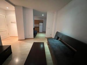 Salón con sofá y cocina al fondo
