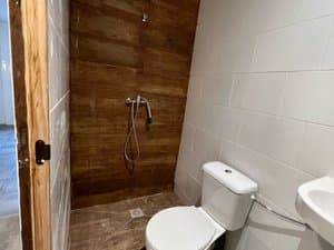 Baño con pared de madera en la ducha