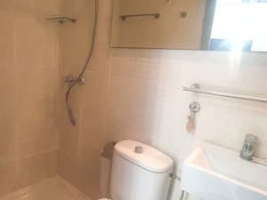 Baño con ducha, inodoro y lavabo