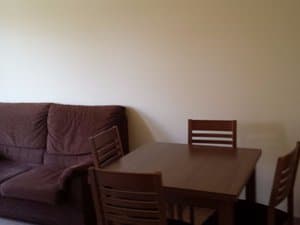 Comedor con sofá marrón y mesa de madera
