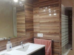 Baño con lavabo y paredes de madera