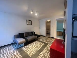 Salón con sofá gris y alfombra