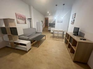 Salón con sofá, estantería y televisor