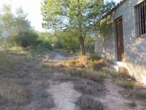 Entrada de la casa con puerta de madera