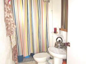 Baño con ducha de cortina y lavabo