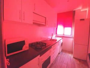 Cocina con placa de gas, microondas y frigorífico