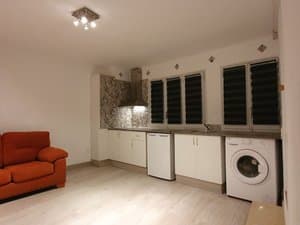 Estudio con cocina a lo largo de la pared y sofá
