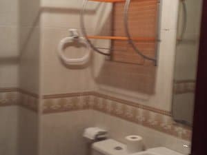 Baño con toallero, espejo e inodoro