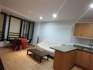 Salón con sofá, mesa de comedor y cocina abierta