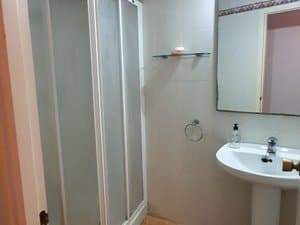 Baño con lavabo, espejo y ducha