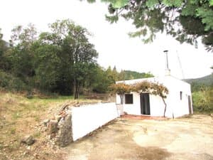 Casa blanca de una planta con parra y camino de acceso