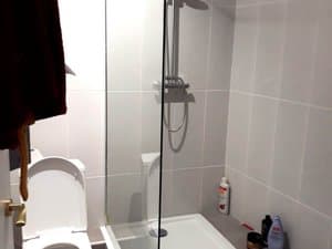 Baño con ducha de mampara de cristal e inodoro