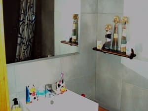 Baño con lavabo, espejo y estantes