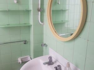 Baño con lavabo y espejo redondo