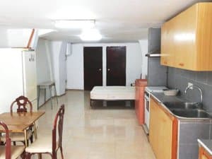 Estudio con cocina a lo largo de la pared y zona de comedor