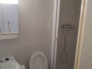 Baño con ducha, inodoro y espejo