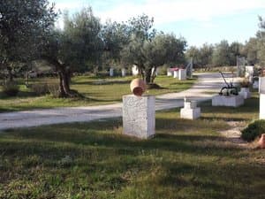 Camino entre olivos con esculturas