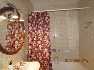 Baño con bañera y cortina estampada